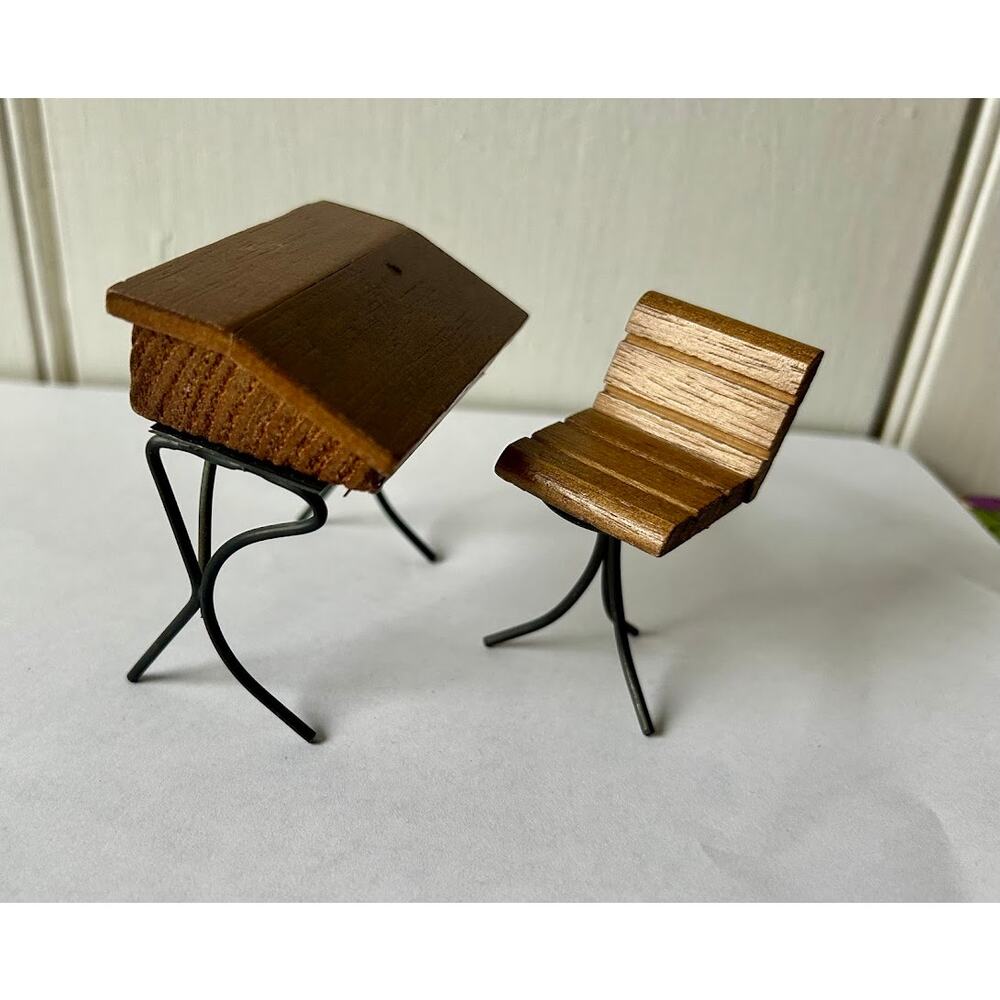 Vintage dollhouse desk and chair wood wire slant top 3" 1960s
